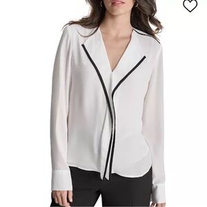 DKNY
Women's V-Neck Contrast-Trim Long-Sleeve Blouse